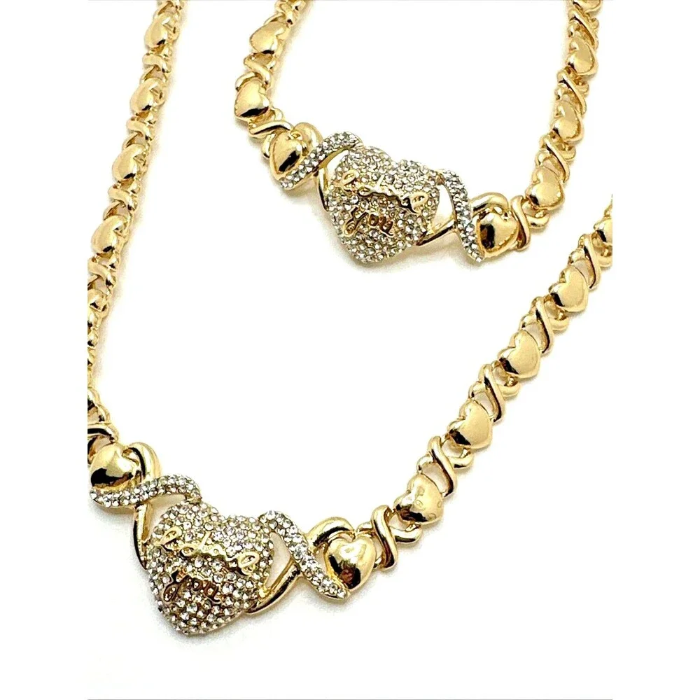 Gold Tone Rhinestone Heart Necklace Bracelet Set I Love You Pave Statement